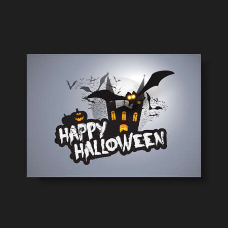 Happy Halloween Card, Flyer or Cover Template - Flying Bats Over A Dark Castle and Spooky Pumpkins with Glowing Eyesのイラスト素材