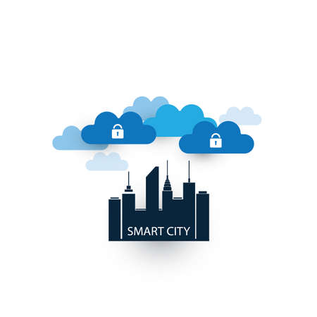 Blue Smart City, Internet of Things, Safe Data Center Concept - Vector Designのイラスト素材