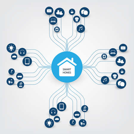 Smart Home Design Concept with Icons - Digital Network Connections, Technology Backgroundのイラスト素材