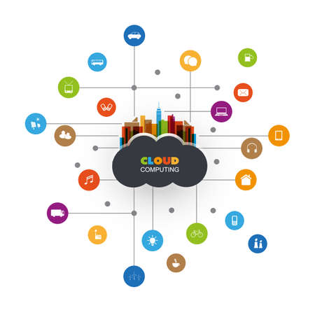 Colorful Cloud Computing Design Concept with Icons - Digital Network Connections, Technology Backgroundのイラスト素材