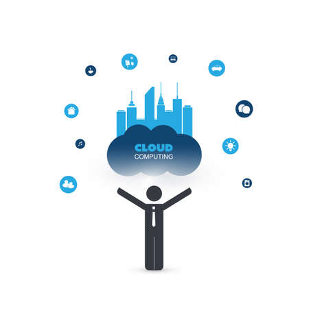Cloud Computing Design Concept with a Standing Business Man and Icons - Digital Network Connections, Technology Backgroundのイラスト素材