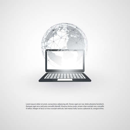Abstract Cloud Computing and Global Network Connections Concept Design with Earth Globe Laptop Computer Wireless Mobile Device Transparent Geometric Meshのイラスト素材