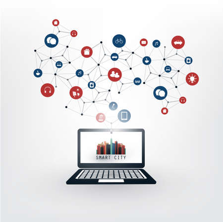 Colorful Smart City, Cloud Computing Design Concept with Icons - Digital Network Connections, Technology Backgroundのイラスト素材