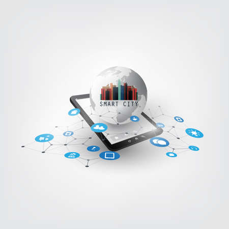 Colorful Smart City Design Concept with Icons - Digital Network Connections, Technology Backgroundのイラスト素材
