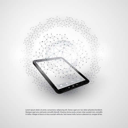 Abstract Cloud Computing and Global Network Connections Concept Design with Tablet PC, Wireless Mobile Device, Transparent Geometric Meshのイラスト素材
