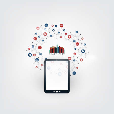 Colorful Smart City Design Concept with Icons - Digital Network Connections, Technology Backgroundのイラスト素材