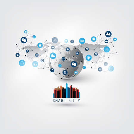 Colorful Internet of Things, Smart City Design with Icons - Digital Network Communication, IoT Conceptのイラスト素材