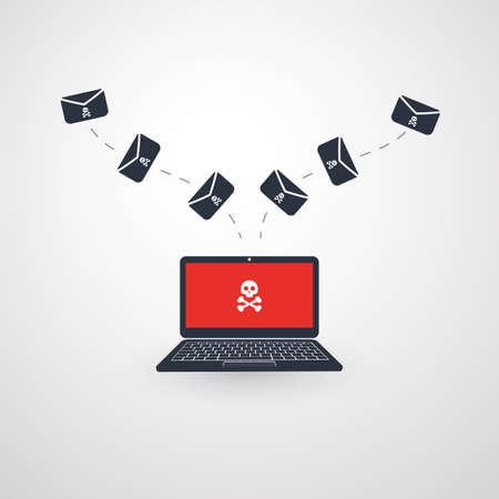 Laptop and Envelopes - Malware Infection by E-mail - Virus, Backdoor, Ransomware, Fraud, Spam, Phishing, Email Scam, Hacker Attack - IT Security Concept Designのイラスト素材