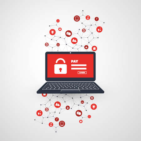 Network Vulnerability, Locked Device, Encrypted File, Lost Document, Ransomware Attack - Virus, Malware, Fraud, Spam, Phishing, Email Scam - IT Security Conceptのイラスト素材