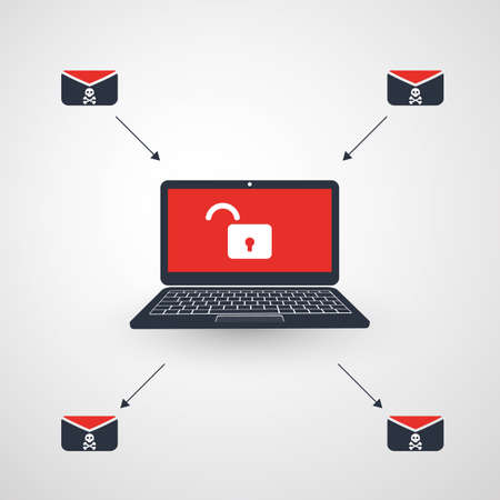 Laptop, Padlock and Envelope - Malware Infection by E-mail - Virus, Backdoor, Ransomware, Fraud, Spam, Phishing, Email Scam, Hacker Attack - IT Security Concept Designのイラスト素材