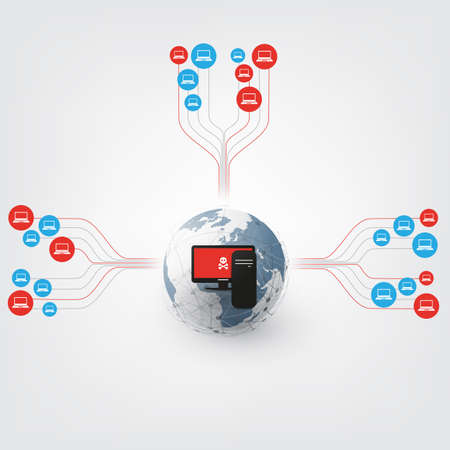 Computer Vulnerability, Spreading Malware or Ransomware Attack - Failing Vulnerable Network without Threat Protection - IT Security, Corporate Networking Concept Designのイラスト素材