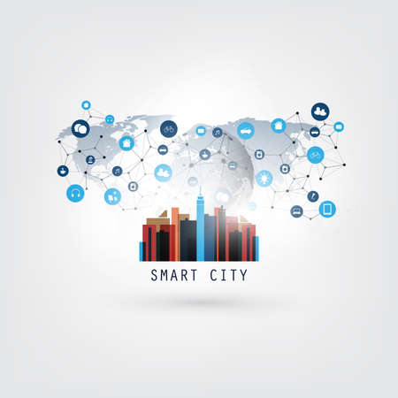 Colorful Smart City, Cloud Computing Design Concept with Icons - Digital Network Communication, Technology Backgroundのイラスト素材