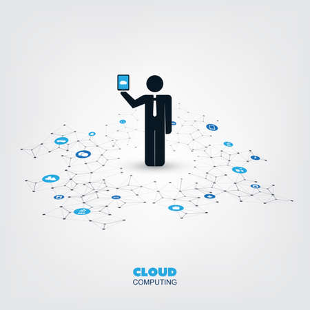 Cloud Computing Design Concept with a Standing Business Man and Icons - Digital Network Connections, Technology Backgroundのイラスト素材