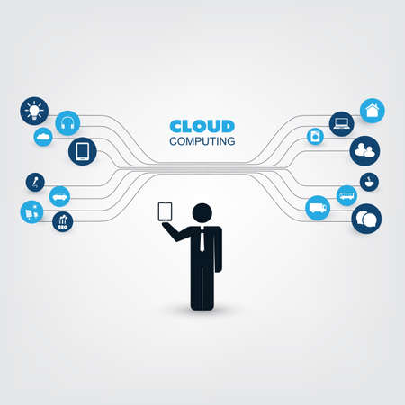 Cloud Computing Design Concept with a Standing Business Man and Icons - Digital Network Connections, Technology Backgroundのイラスト素材