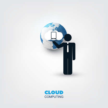 Cloud Computing, Technology, Digital Network Connections Global Business Design Concept with Standing Businessman and Earth Globeのイラスト素材