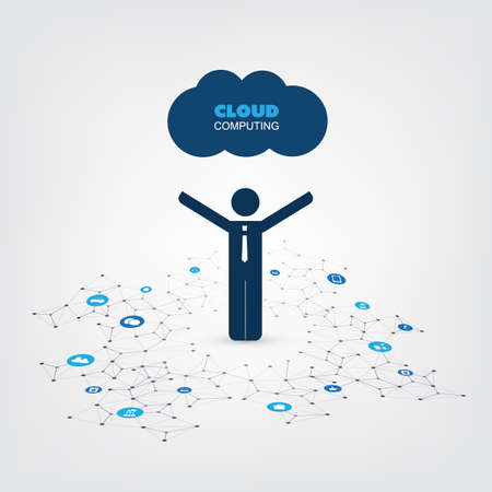 Cloud Computing Design Concept with a Standing Business Man and Icons - Digital Network Connections, Technology Backgroundのイラスト素材