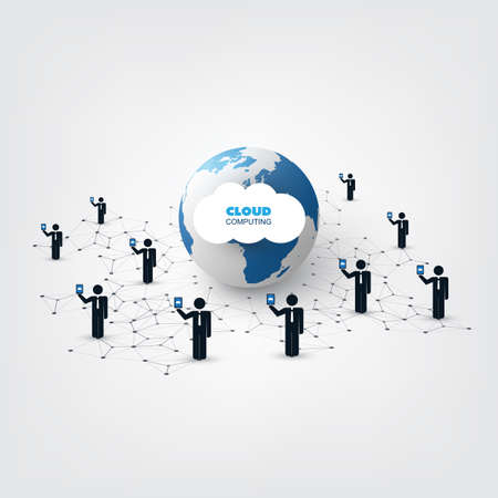 Cloud Computing, Technology, Digital Network Connections, Global Business Design Concept with Standing Businessmen and Earth Globeのイラスト素材