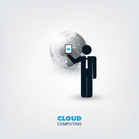 Cloud Computing, Technology, Digital Network Connections, Global Business Design Concept with Standing Businessman and Earth Globeのイラスト素材
