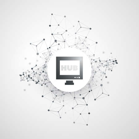 Abstract Cloud Computing and Global Network Connections Concept Design with Desktop Computer Monitor and Transparent Geometric Meshのイラスト素材