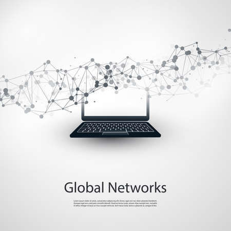 Abstract Cloud Computing and Global Network Connections Concept Design with Laptop Computer, Wireless Mobile Device, Transparent Geometric Meshのイラスト素材