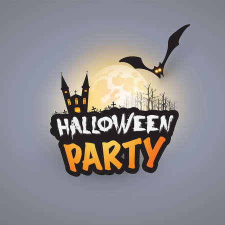 Halloween Party Card Template - Haunted Castle, Bare Trees, Flying Bat with Glowing Eyesのイラスト素材