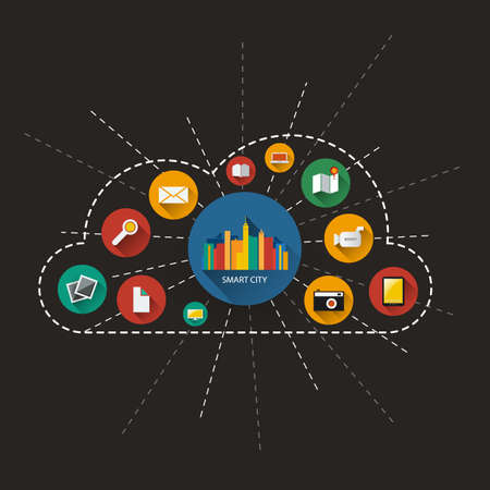 Dark Smart City Design Concept - Digital Network Communication, Technology Backgroundのイラスト素材