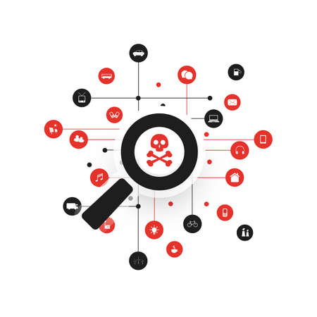 Security Audit, Virus Scanning, Cleaning, Eliminating Malware, Ransomware, Fraud, Spam, Phishing, Email Scam, Hacker Attack Effects and Damage - IT Security Concept Designのイラスト素材