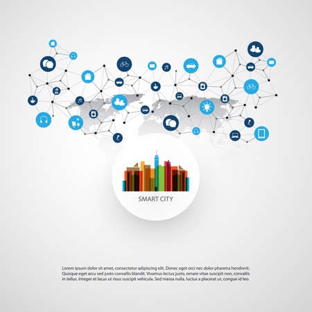 Colorful Smart City, Internet of Things Design Concept - Digital Network Communication, Technology Backgroundのイラスト素材