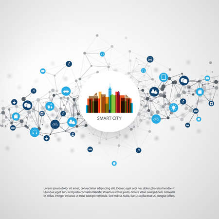 Colorful Smart City Design Concept - Digital Network Communication, Technology Backgroundのイラスト素材