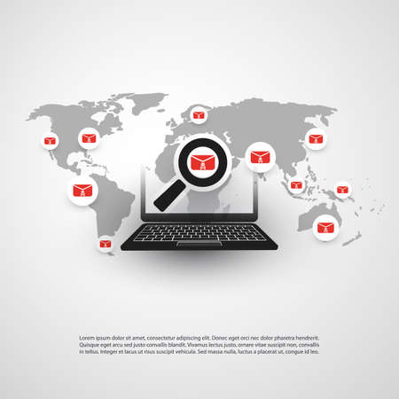 Security Audit, Virus Scanning, Cleaning, Eliminating Malware, Ransomware, Fraud, Spam, Phishing, Email Scam, Hacker Attack Effects and Damage - IT Security Concept Designのイラスト素材