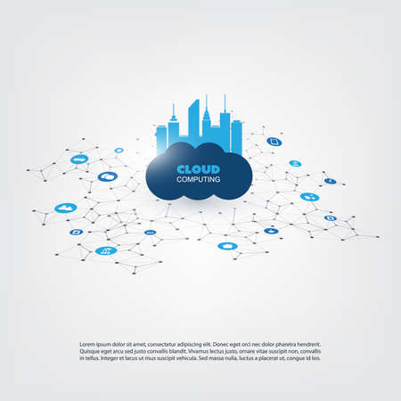 Smart City, Cloud Computing Design Concept with Icons - Digital Network Communication, Technology Backgroundのイラスト素材