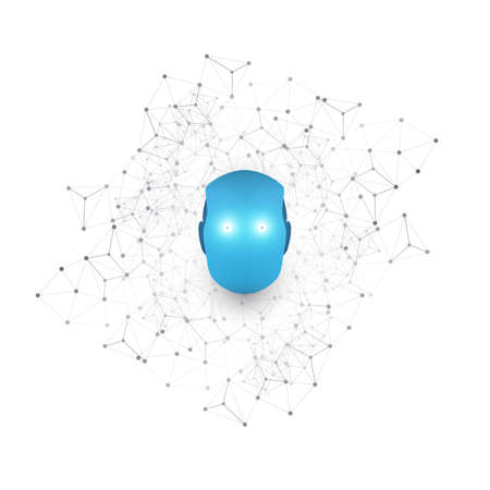 Machine Learning, Artificial Intelligence, Digital Network Communication, Smart Technology Concept with Mesh and Robot Headのイラスト素材