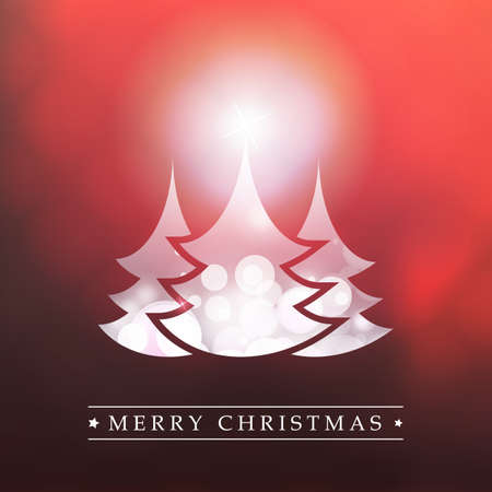 Colorful Happy Holidays, Merry Christmas in red Greeting Card With Label, Christmas Tree on a Sparkling red Blurred Backgroundのイラスト素材