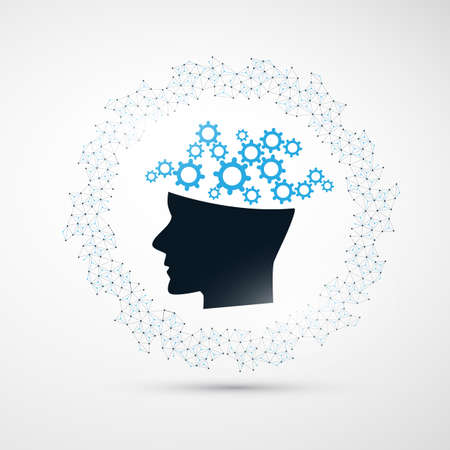 Machine Learning, Artificial Intelligence and Networks Design Concept with Wireframe and Human Headのイラスト素材