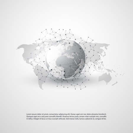 Cloud Computing and Networks Concept with World Map - Global Digital Network Connections, Technology Background, Creative Design Template with Transparent Geometric Grey Wire Meshのイラスト素材