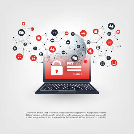 Global Network Vulnerability, Locked Device, Encrypted Files, Lost Documents, Ransomware, Virus, Malware, Fraud, Spam, Phishing, Email Scam, Hacker Attack - IT Security Concept Designのイラスト素材