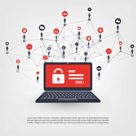 Network vulnerability, locked device, encrypted files, lost documents and ransomware attack. Virus,...