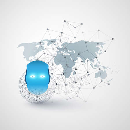 Machine learning, Artificial intelligence and global network communication concept with network mesh, world map, wire-frame and robot head.のイラスト素材
