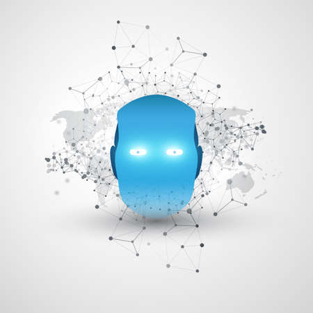 Futuristic modern style machine learning, Artificial intelligence scientific research and global networks design concept with wire frame, mesh and robot head.のイラスト素材