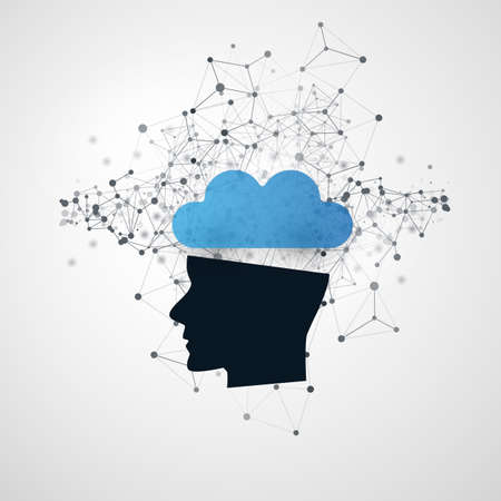 Machine learning, artificial intelligence, cloud computing, digital communication and networking design concept with geometric mesh and human head.のイラスト素材