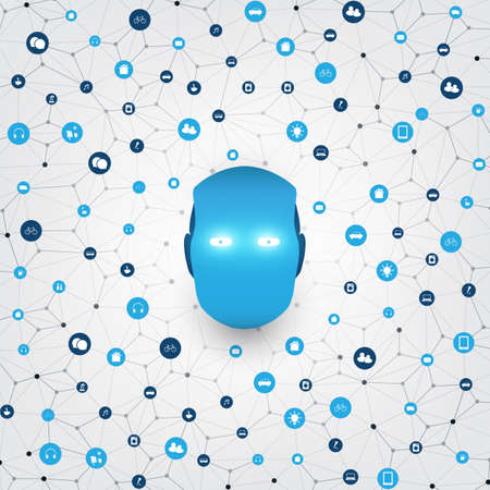 Machine Learning, Artificial Intelligence Smart Technology and Network Communication Design Concept with Icons and Robot Headのイラスト素材