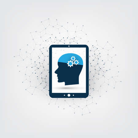 Machine Learning, Artificial Intelligence, Cloud Computing and Network Communication Design Concept with Mesh and Human Headのイラスト素材