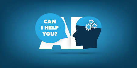 Can I Help You? - AI Assistance, Automated Support, Digital Aid, Deep Learning and Future Technology Concept Design with Human Headのイラスト素材