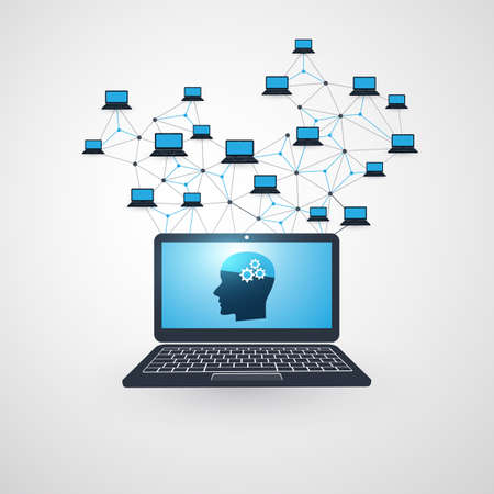 Abstract Machine and Deep Learning, Artificial Intelligence, Cloud Computing and Networks Design Concept with Icons and Human Headのイラスト素材