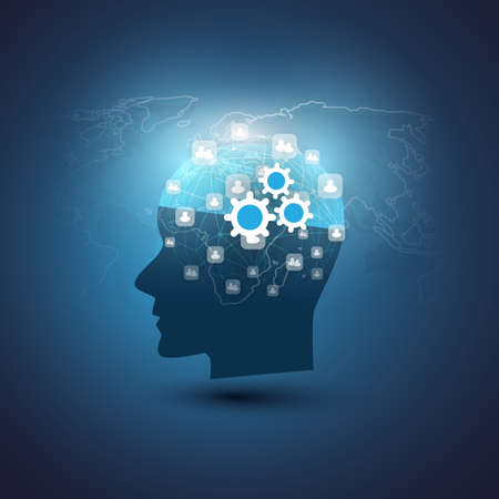 Machine Learning, Artificial Intelligence, Cloud Computing, Global Automated Support Assistance and Network Communication Concept with World Map and Human Headのイラスト素材