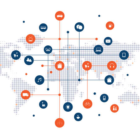 Smart City, Cloud Computing Design Concept with Icons - Digital Network Connections, Technology Background with Network Mesh and Spotted World Mapのイラスト素材