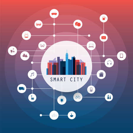 Colorful Smart City, Cloud Computing Design Concept with Icons - Digital Network Connections, Technology Backgroundのイラスト素材