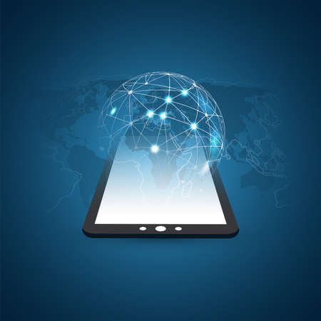 Digital Network Connections, Technology Background - Cloud Computing Design Concept with Transparent Geometric Wireframe and Earth Globeのイラスト素材