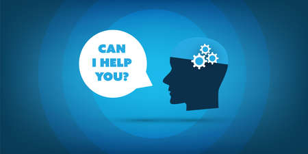 Can I Help You? - Artificial Intelligence, Automated Support, Digital Aid, Deep Learning and Future Technology Concept Design with Human Headのイラスト素材