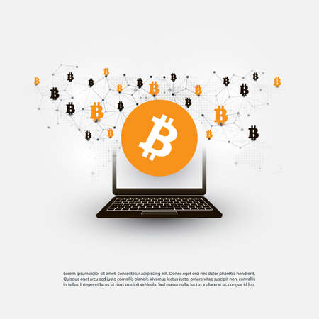 Networks - Business and Global Financial Connections, Crypto Currency, Bitcoin Trading, Online Banking and Money Transfer Concept Design, Vector Illustration with Icons and Laptop Computerのイラスト素材